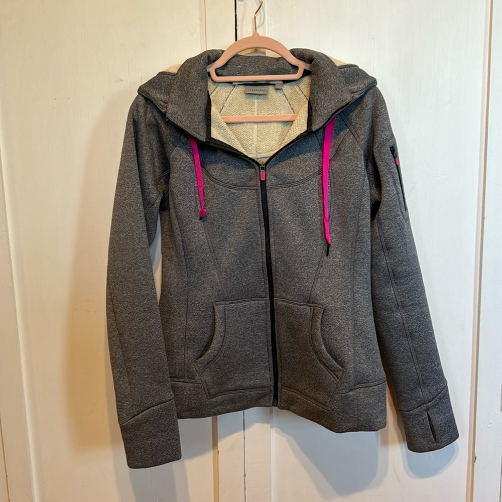 Athleta Cozy fleece zip up Size Small! Gray with hot pink accents.